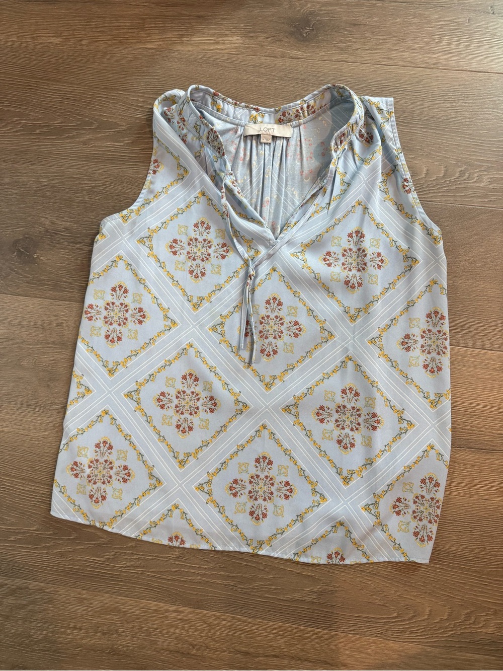LOFT Light Blue Floral Medallion Tie-Neck Sleeveless Top